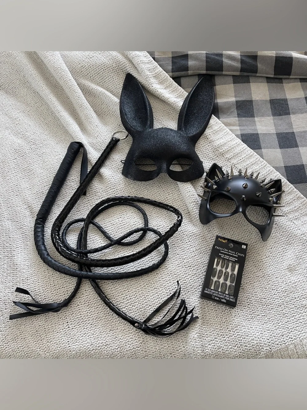 Halloween Costume Bundle Black Masks Whip Bunny Ears Cat Mask Gothic Set OS